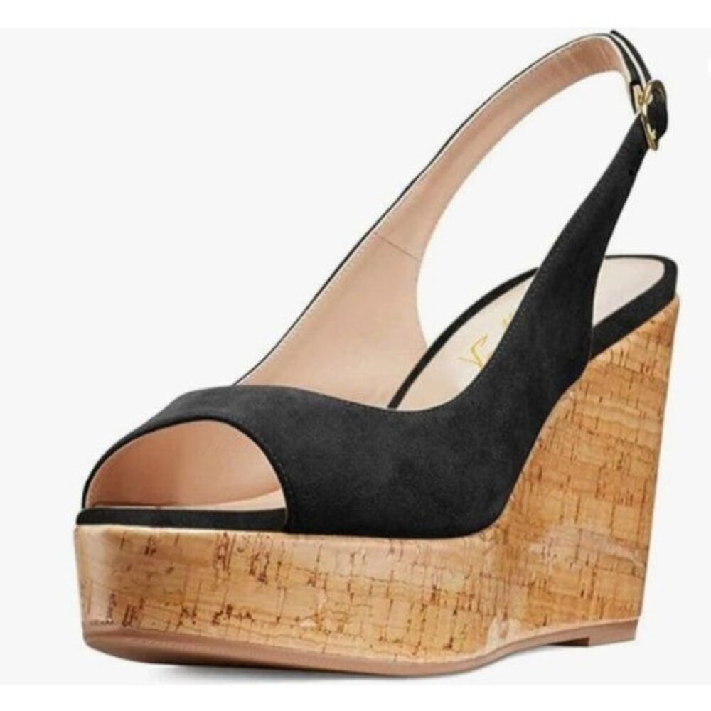 FOWT Black Peep Toe Slingback Platform Wedge High Heel Buckle Cork Sole Sandals